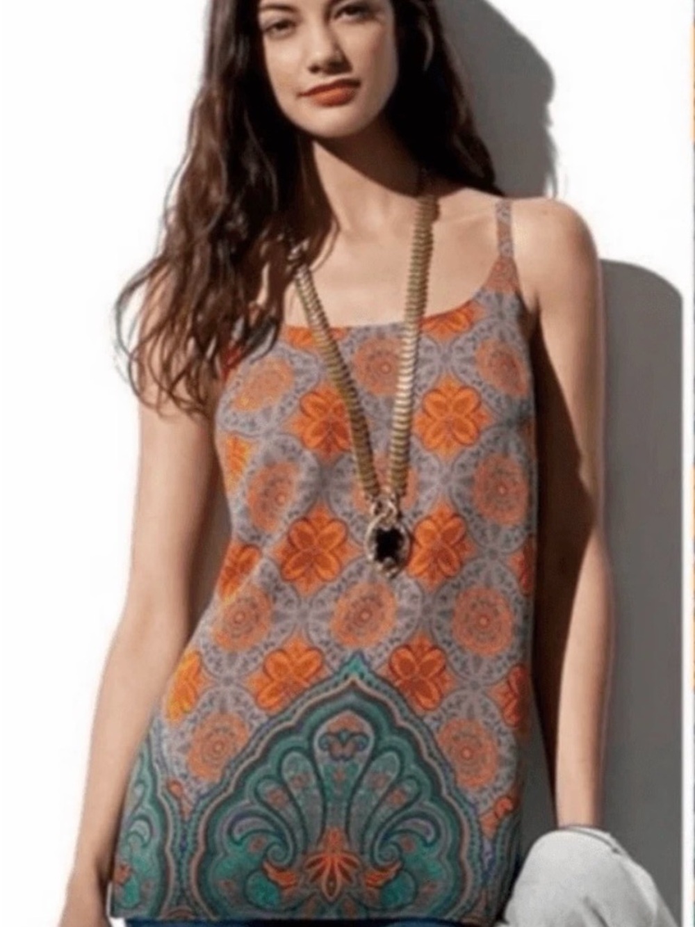 cabi Arabesque Paisley Medallion Cami Tank in Orange & Teal Small